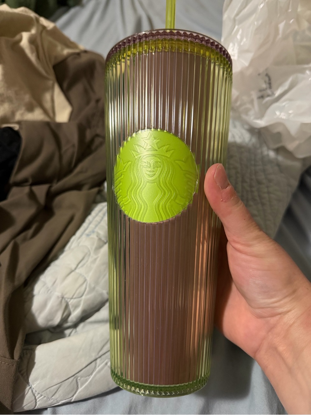Starbucks Iridescent Green and Pink Ribbed Cold Cup with Green Logo